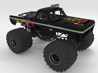 Black Monster Truck With Flame Graphics Large Tires Roof Lights And Frame Structure 3d model