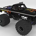 Black Monster Truck With Flame Graphics Large Tires Roof Lights And Frame Structure