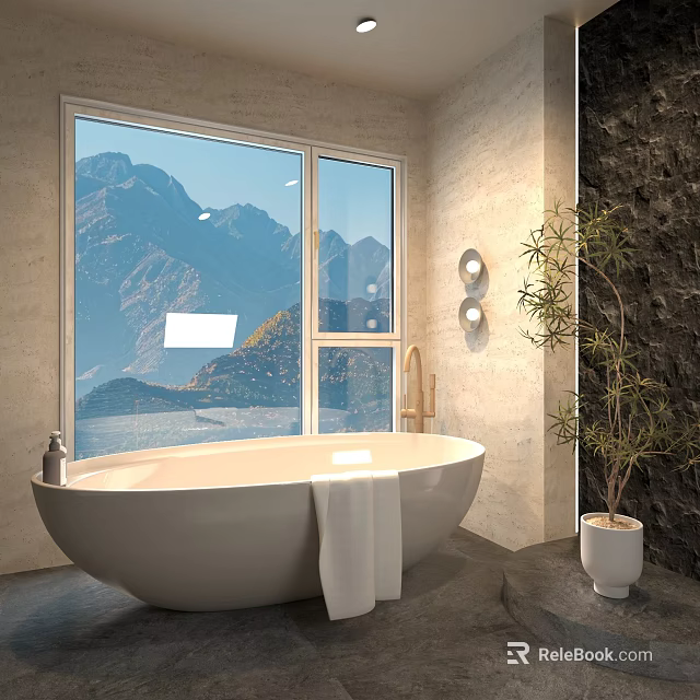 Modern Bathroom Interior With Freestanding Bathtub Large Window Mountain View Stone Wall And Green Plant 3d model 