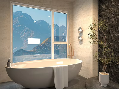 Modern Bathroom Interior With Freestanding Bathtub Large Window Mountain View Stone Wall And Green Plant 3d model
