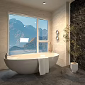 Modern Bathroom Interior With Freestanding Bathtub Large Window Mountain View Stone Wall And Green Plant