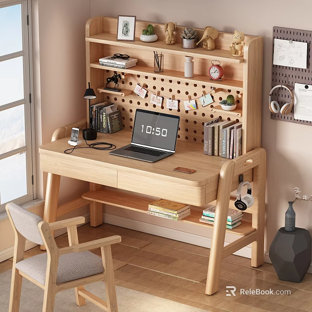 Natural Wooden Desk and Chair Set with Laptop Bookshelf Lamp and Decor Items 3d model 