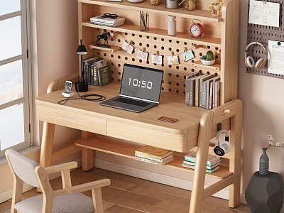 Natural Wooden Desk and Chair Set with Laptop Bookshelf Lamp and Decor Items 3d model