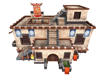 Classic Ancient Building With Stone Steps Carved Wooden Windows Decorative Banners And Traditional Roof 3d model