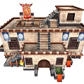 Classic Ancient Building With Stone Steps Carved Wooden Windows Decorative Banners And Traditional Roof