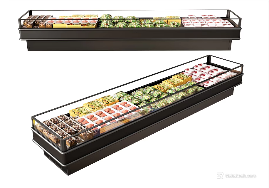 Open Refrigerated Display Cases in Retail Stores Featuring Assorted Packaged Food Items 3d model 