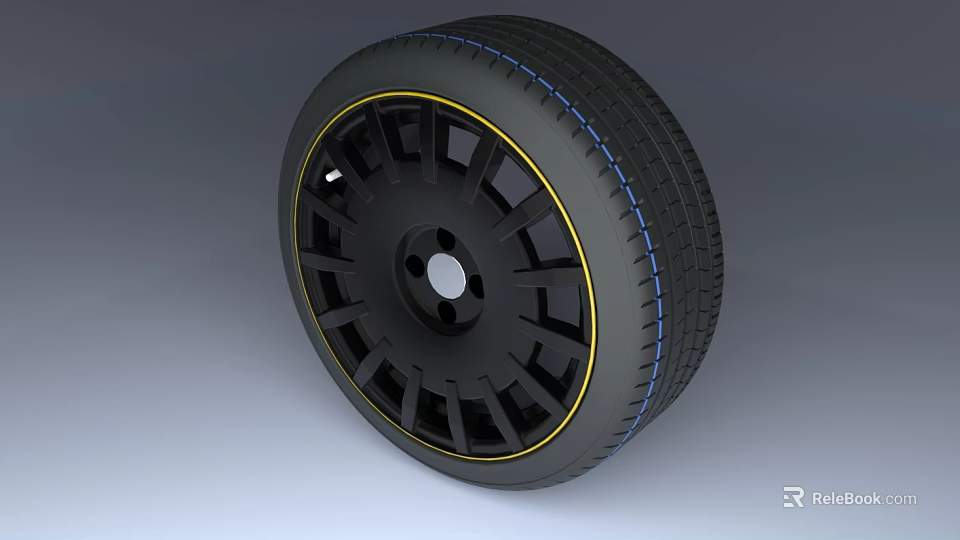 Black Automotive Tire With Alloy Wheel Spoke Design And Colored Accents 3d model 