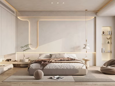 Modern Minimalist Bedroom with Beige Accent Wall LED Strip Lighting Neutral Bedding and Cozy Rug 3d model