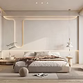 Modern Minimalist Bedroom with Beige Accent Wall LED Strip Lighting Neutral Bedding and Cozy Rug