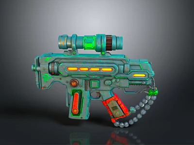 Green Blue Sci-Fi Futuristic Gun with Orange Glowing Parts Scope and Chain Decoration 3d model