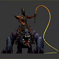 Armored Character Riding Purple Spiked Fanged Multi Clawed Creature With Yellow Whip