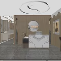 Modern Chinese Style Shop Front Desk With Wooden Walls Circular Decor And Marble Countertop