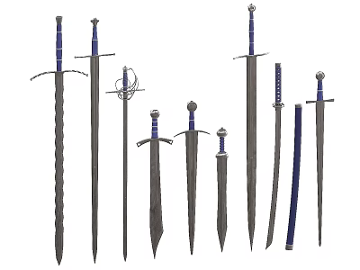 Various Types of Swords with Blue Hilt Decorations and Different Blade Designs 3d model