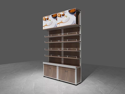 Multi Tiered Display Shelving Unit With Bottom Cabinets And Top Image Panel 3d model