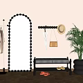 Stylish Entryway With Arched Mirror Coat Rack Wall Hooks Bench Shoes And Potted Plant