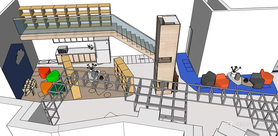 Modern Leisure Area Interior Design With Staircase Railings Colorful Seating And Tables 3d model 