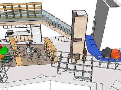 Modern Leisure Area Interior Design With Staircase Railings Colorful Seating And Tables 3d model