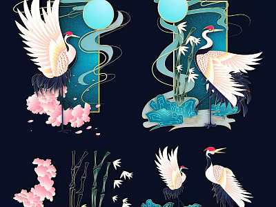 Elegant Traditional Chinese Crane Ornament With Moon Cherry Blossoms Bamboo And Blue Pink Design 3d model