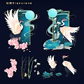 Elegant Traditional Chinese Crane Ornament With Moon Cherry Blossoms Bamboo And Blue Pink Design