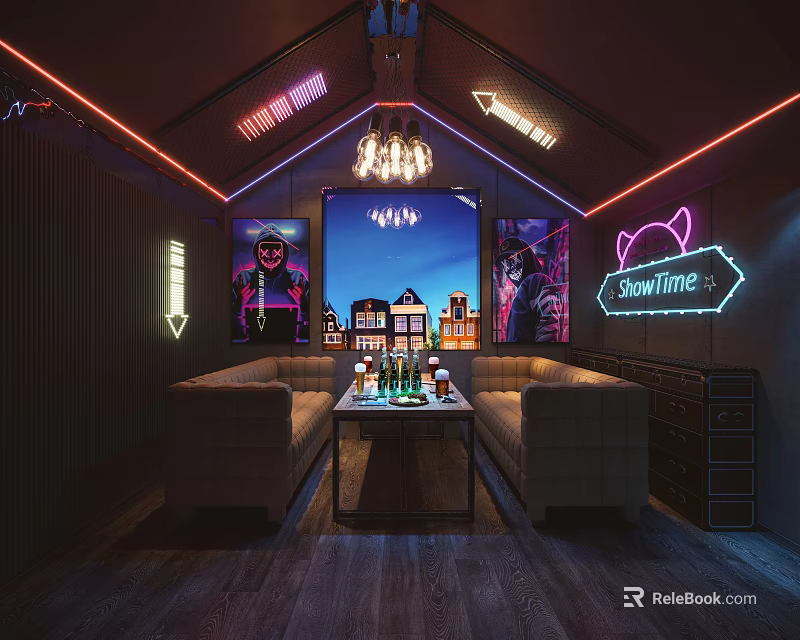 Stylish Bar Interior Featuring ShowTime Neon Lights Chandelier And Cozy Sofa Lounge With Cityscape Backdrop 3d model 