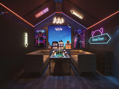 Stylish Bar Interior Featuring ShowTime Neon Lights Chandelier And Cozy Sofa Lounge With Cityscape Backdrop 3d model