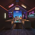 Stylish Bar Interior Featuring ShowTime Neon Lights Chandelier And Cozy Sofa Lounge With Cityscape Backdrop