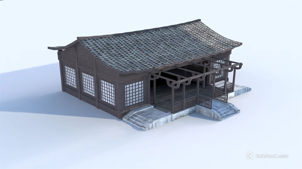 Ancient Chinese Building With Tiled Roof Overhanging Eaves Lattice Windows Wooden Structure And Stone Steps 3d model 