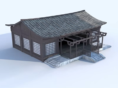Ancient Chinese Building With Tiled Roof Overhanging Eaves Lattice Windows Wooden Structure And Stone Steps 3d model