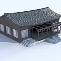 Ancient Chinese Building With Tiled Roof Overhanging Eaves Lattice Windows Wooden Structure And Stone Steps