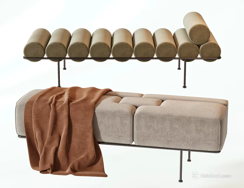 Modern Minimalist Beige Upholstered Footstool With Brown Blanket Draped Over And Cylindrical Cushions On Stands 3d model 