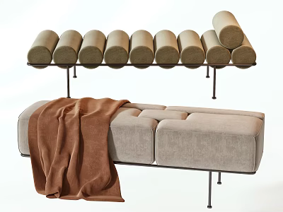 Modern Minimalist Beige Upholstered Footstool With Brown Blanket Draped Over And Cylindrical Cushions On Stands 3d model