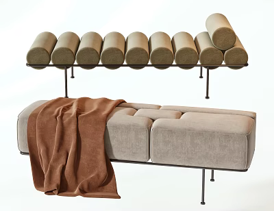 Modern Minimalist Beige Upholstered Footstool With Brown Blanket Draped Over And Cylindrical Cushions On Stands 3d model