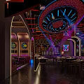 Neon Lit Modern Bar Interior With Stylish Counter And Seating Areas