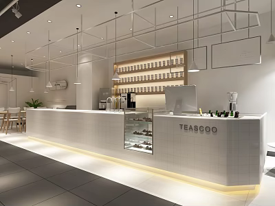 Modern TEABOO Milk Tea Shop Interior With White Counter Display Shelves And Lighting 3d model