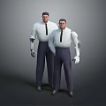 Two Men Wearing White Shirts Dark Ties And Dark Pants With Mechanical Arms