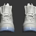 White High Top Shoes With Blue Sole And Sleek Design On Reflective Surface