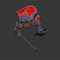 Armored Mechanical Warrior With Orange Blue Armor Shield And Glowing Red Weapon