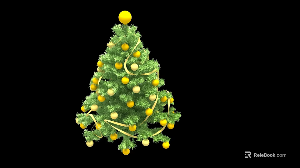Festive Christmas Tree Decorative Ornament Set with Yellow White Baubles and Gold Ribbons 3d model 