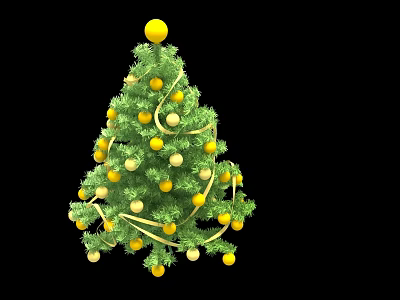 Festive Christmas Tree Decorative Ornament Set with Yellow White Baubles and Gold Ribbons 3d model