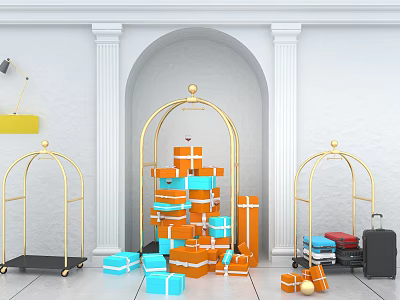 White Wall Archway Pillars Golden Luggage Racks Orange Blue Gift Boxes Black Suitcases Red Luggage 3d model
