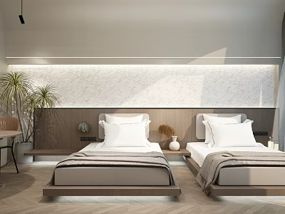 Hotel Room Interior With Twin Beds Textured Accent Wall Wooden Flooring And Potted Plant 3d model