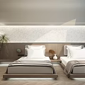 Hotel Room Interior With Twin Beds Textured Accent Wall Wooden Flooring And Potted Plant