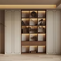 Modern Bookcase with Shelves Decorative Items and Warm Lighting in Living Room