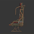 Vintage Industrial Leisure Chair With Red Padded Seat Metal Frame And Ornate Backrest