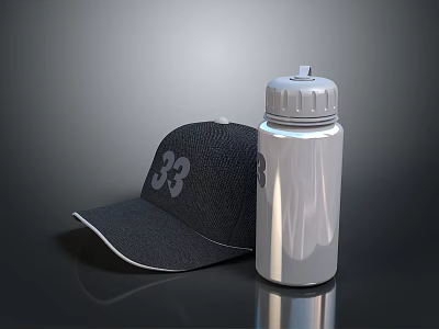 Black Sports Cap With Number 33 And Silver Water Bottle For Daily Use 3d model