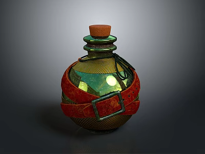 Ornate Potion Bottle With Cork Stopper Green Gold Sheen Red Straps And Metal Buckle 3d model