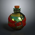 Ornate Potion Bottle With Cork Stopper Green Gold Sheen Red Straps And Metal Buckle