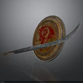 Ancient Weapon Shield and Curved Sword With Red Decorative Pattern
