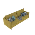 Stylish Yellow Two Seater Sofa With Blue And Patterned Cushions And Gray Throw Blanket 3d model