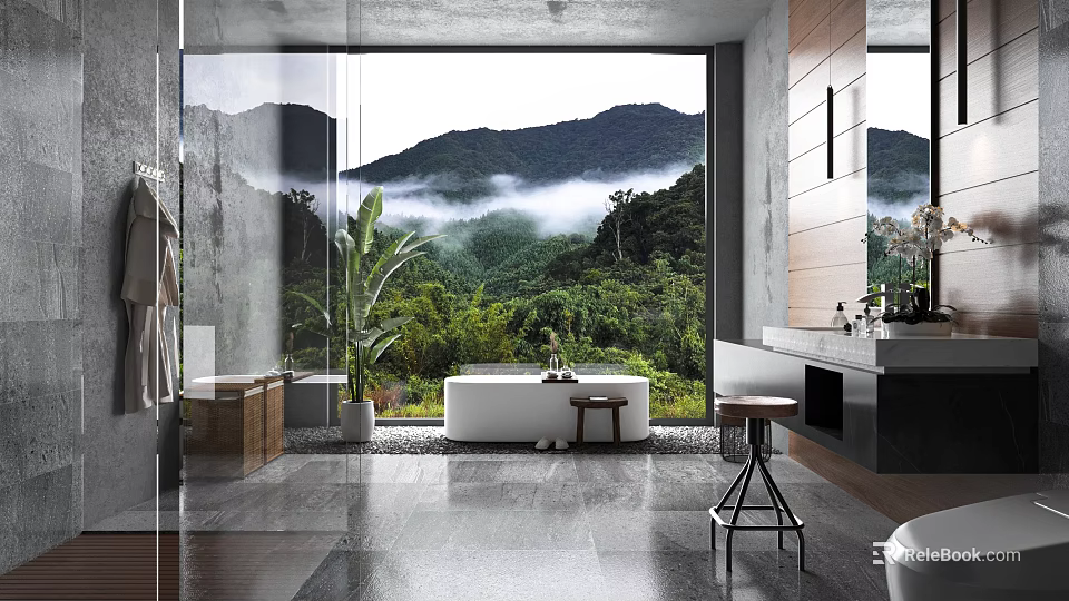 Modern Bathroom Interior With Large Window Mountain View Freestanding Bathtub And Potted Plant 3d model 